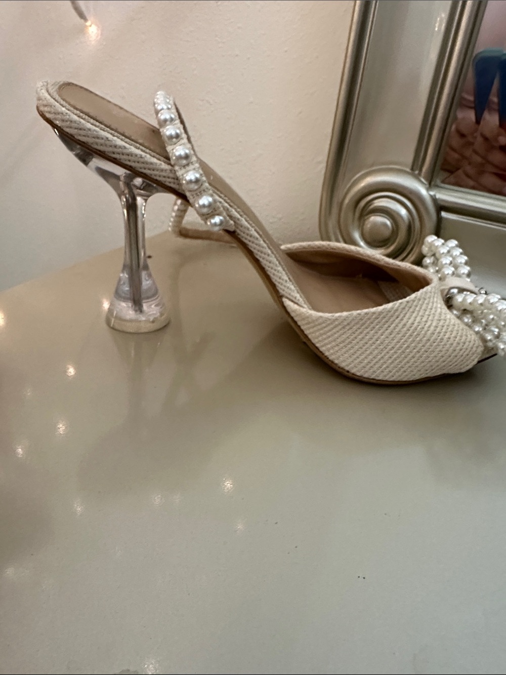Gianni Bini Cream Pearl-Embellished Bow Heels - Picture 3 of 5